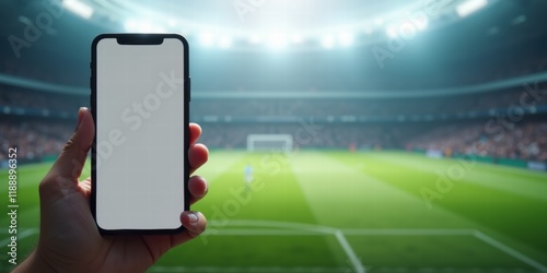 A close-up of a hand holding a smartphone against a vibrant soccer stadium backdrop, perfect for sports app promotions, fan engagement, and digital marketing. photo