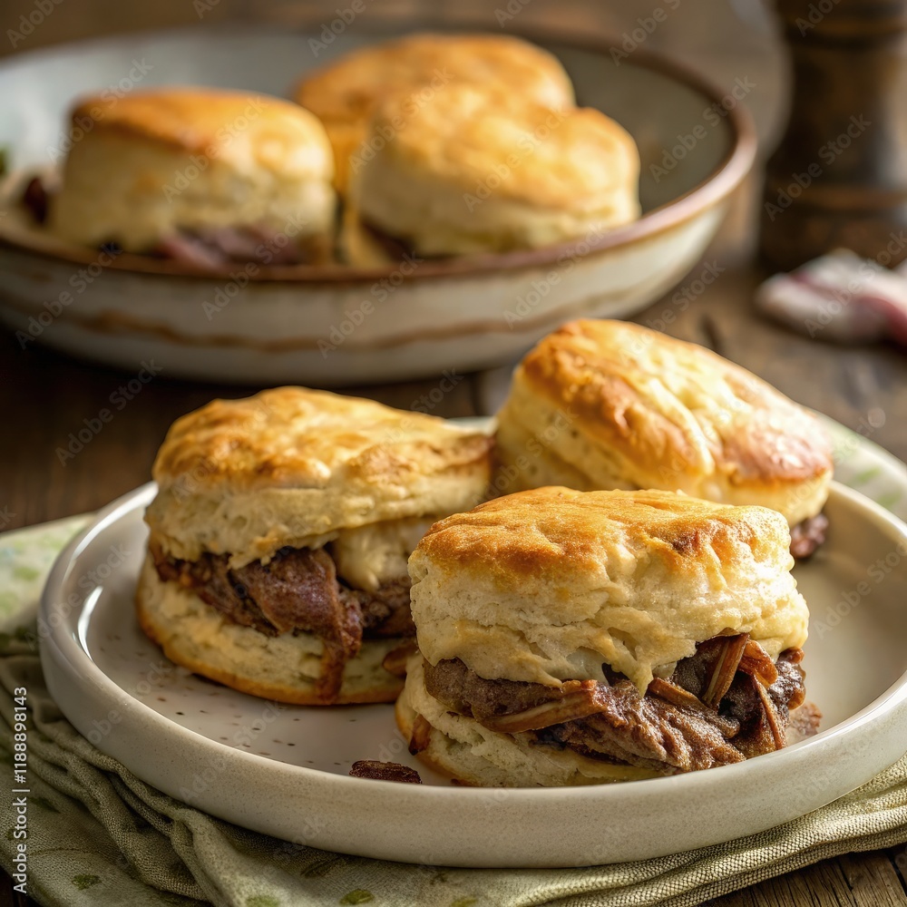 Savory French Dip Biscuits With Natural Lighting Display. Generative AI Savory French Dip Biscuits With Natural Lighting Display. Generative AI
