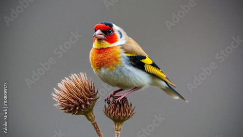 Colorful finch, perched on dried thistle, detailed feathers, vibrant plumage, red and yellow head, gray background, nature photography, sharp focus, textured canvas, wildlife portrait, delicate balanc photo