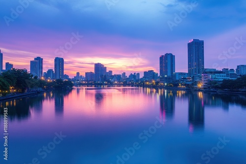City Skyline Reflected in Calm Water at Sunset