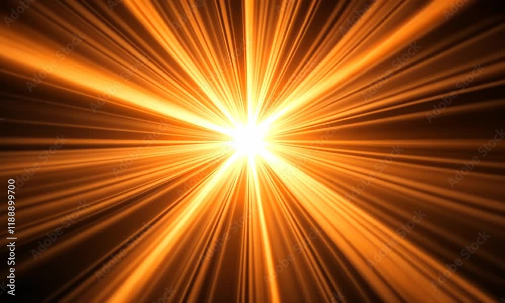 Golden light rays burst from a central point on a black background.