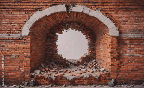 Brick archway with a hole in the middle. The archway is made of bricks photo