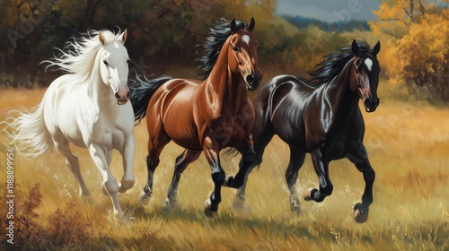 The white, brown, and black horses run in unison across an open grassy plain, embodying power and elegance in the heart of a serene landscape.