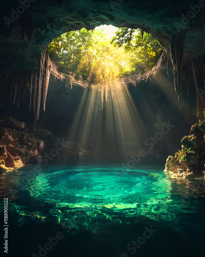 Mystical Cenote Cave with Sunbeams