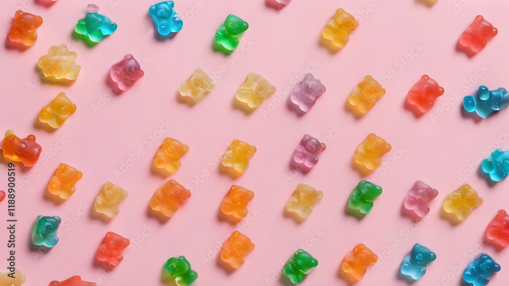 A set of pastel-colored gummy bears arranged in a circular pattern on a pale pink background. The gummy surfaces gleam under studio lighting A set of pastel-colored gummy bears arranged in a circular pattern on a pale pink background. The gummy surfaces gleam under studio lighting
