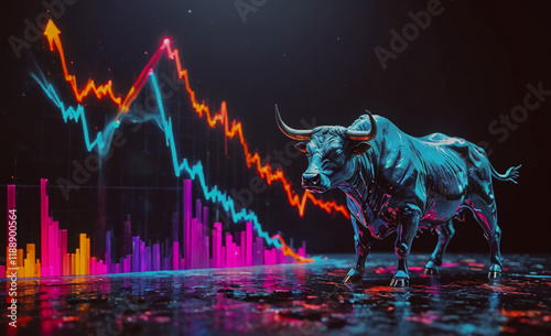 Bull is standing in front of a graph with a red line going up. The bull is in the foreground and the graph is in the background