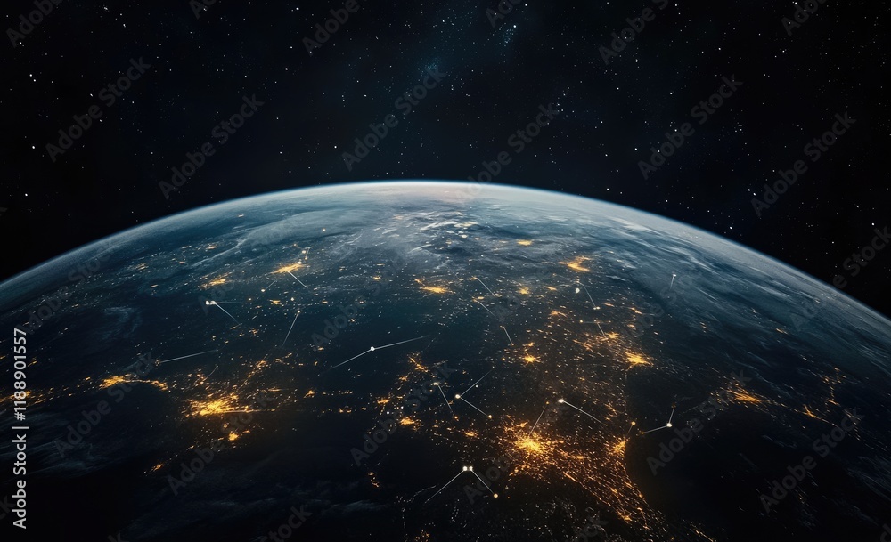A wide shot of the Earth from space, with glowing city lights on its surface and interconnected lines representing global connectivity and data flow, against a dark background. A wide shot of the Earth from space, with glowing city lights on its surface and interconnected lines representing global connectivity and data flow, against a dark background.