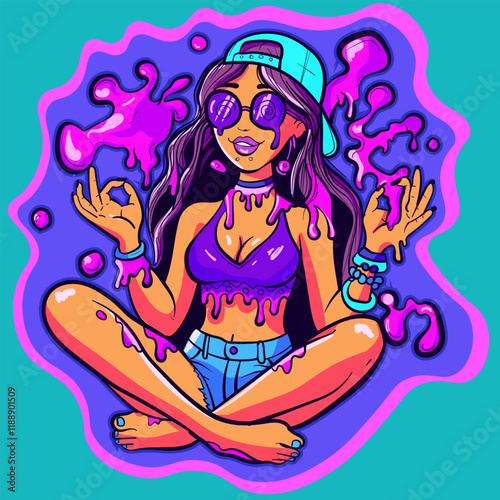 Trippy acid girl surrounded by pink liquid and smoke. Psychedelic hippie woman wearing sunglasses in a trance.