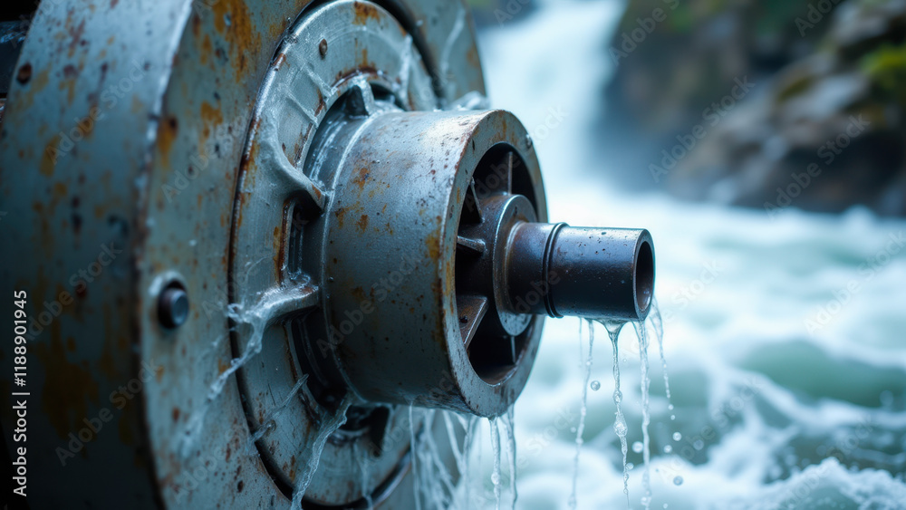 A close-up shot of a rusty water wheel or turbine, representing sustainable green energy. A close-up shot of a rusty water wheel or turbine, representing sustainable green energy.