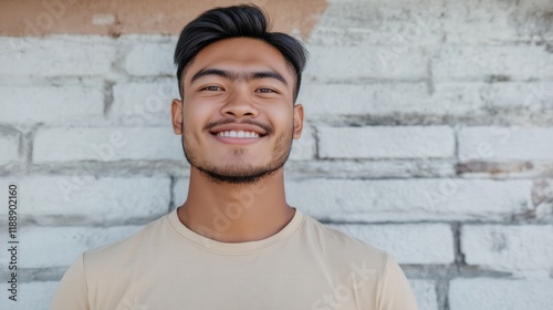 A cheerful East Asian man celebrates National Frozen Food Day with a big smile in a rustic setting photo