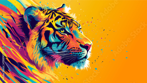 Vector illustration of a tiger on a Yellow background with striped fur and piercing eyes