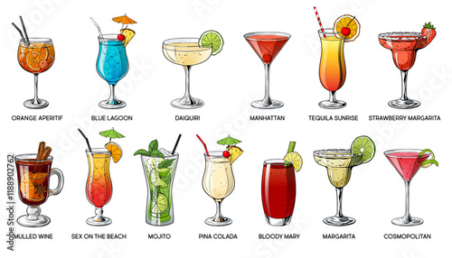 Set of tropical cocklails. Summer alcoholic holiday and beach party drinks. Mojito, daiquiri, manhattan, tequila sunrise, bloody mary, margarita, pina colada, blue lagoon etc. Vector illustration.