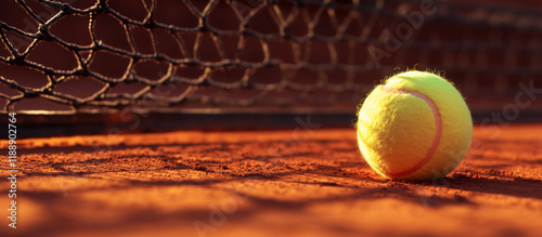 Pallina da tennis in rete su terra rossa. photo