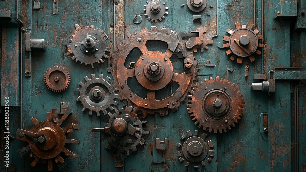 An Intricate mechanical gear system with rusted metal and teal background An Intricate mechanical gear system with rusted metal and teal background