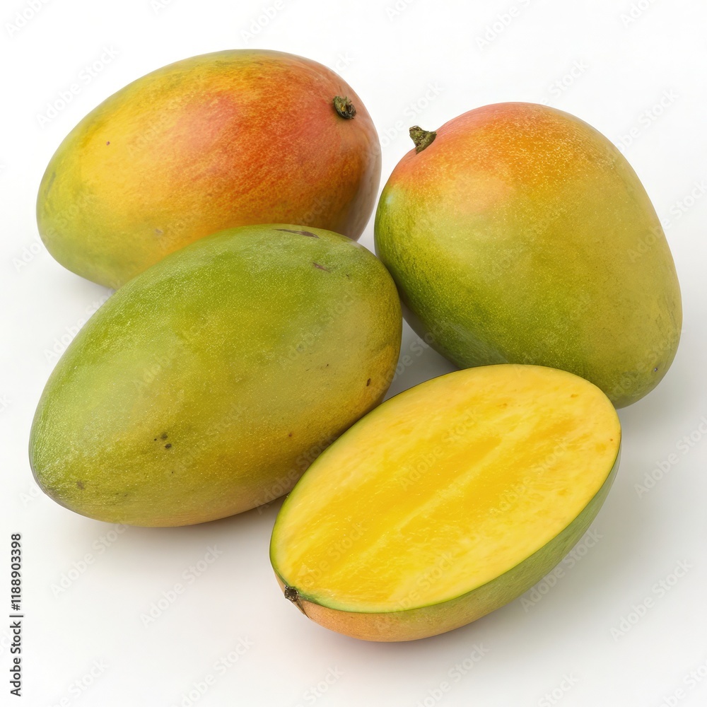 Fresh Mango Fruits Arranged With Vivid Colors on White Backdrop. Generative AI Fresh Mango Fruits Arranged With Vivid Colors on White Backdrop. Generative AI