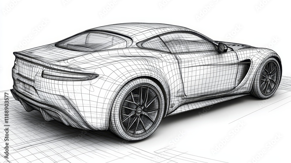 Naklejka premium Perspective View Of White Sports Car Wireframe Blueprint Design On Surface Showcasing Innovation.