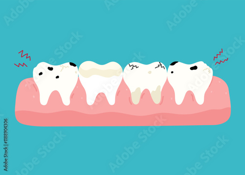 Diseased teeth with caries, cracks, chips, inflammation, plaque. Toothache. Vector hand-drawn illustration in flat style. Dental care, oral hygiene concept.