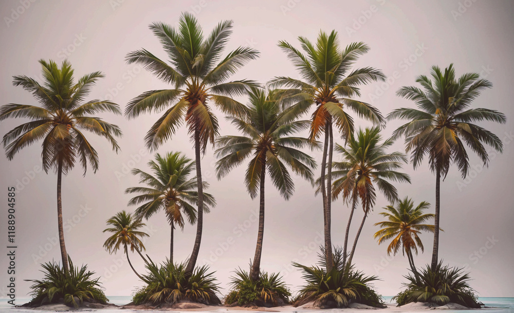 Row of palm trees are lined up on a beach. The trees are all different sizes and are spread out Row of palm trees are lined up on a beach. The trees are all different sizes and are spread out