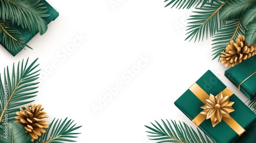 Elegant Tropical Christmas Design: Green Gifts, Gold Accents, and Palm Leaves