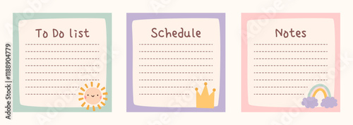 Cute to do list templates set. Kawaii design of daily planner, schedule or checklist. Perfect for agenda, planning, memo, notes, self-organization. Hand-drawn illustration. Stationery for children.