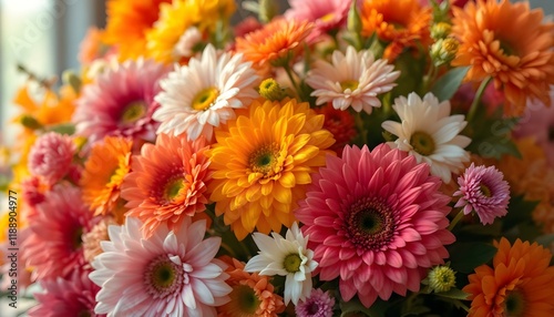 Flowers wall background with amazing red, orange, pink, purple, green and white chrysanthemum flowers. Vintage-style artificial flowers wall background in pastel colors with roses, peonies