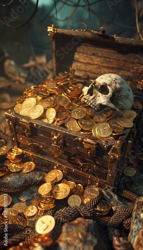A dramatic cgi scene of a pirate treasure chest overflowing with gold coins and a haunting skull