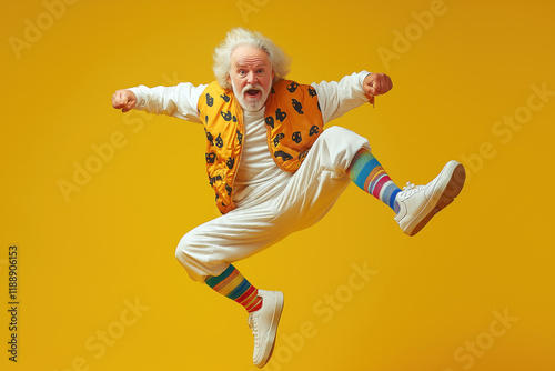 Happy senior man having fun jumping  over yellow color background