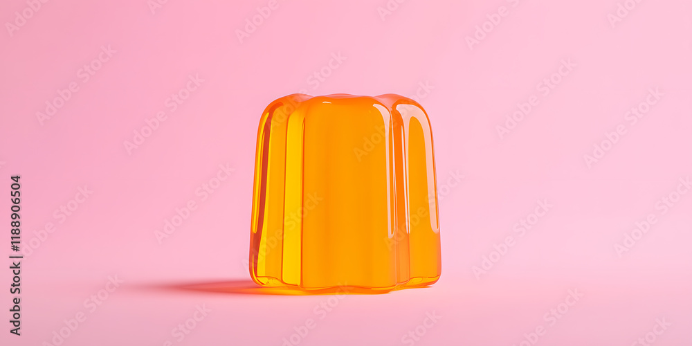 A single, vibrant orange jelly mold sits on a pink background. The glossy dessert contrasts beautifully against the pastel backdrop, creating a visually appealing image. A single, vibrant orange jelly mold sits on a pink background. The glossy dessert contrasts beautifully against the pastel backdrop, creating a visually appealing image.