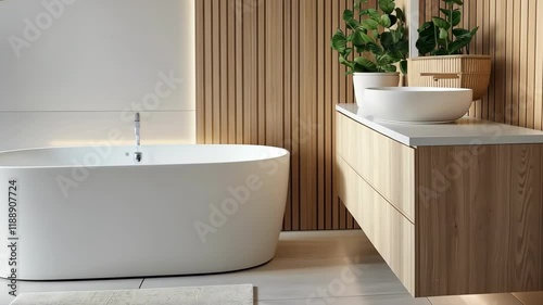 A white bathtub with a plant in a basket next to it. The bathroom is clean and well-maintained