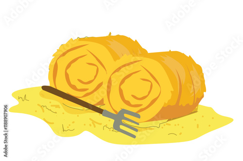 dried haystack with forks and rake