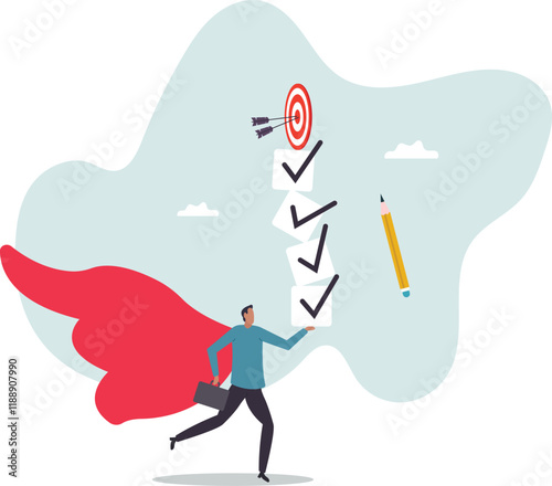Finish work and achieve goal, responsibility, effort, productivity or efficiency to complete project, challenge to success.business concept.flat character.