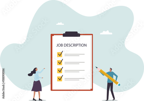 Job description, qualification and requirement for job position, working scope document, duty and responsibility for employment.business concept.flat character.