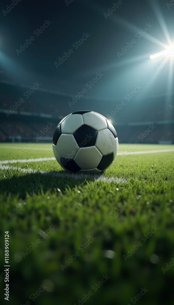 Naklejka premium A close-up view of a classic soccer ball resting on vibrant green grass, illuminated by stadium lights, symbolizing the excitement of the game.
