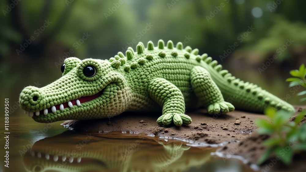 Naklejka premium realistic highly detailed crochet of a crocodile with a nature background