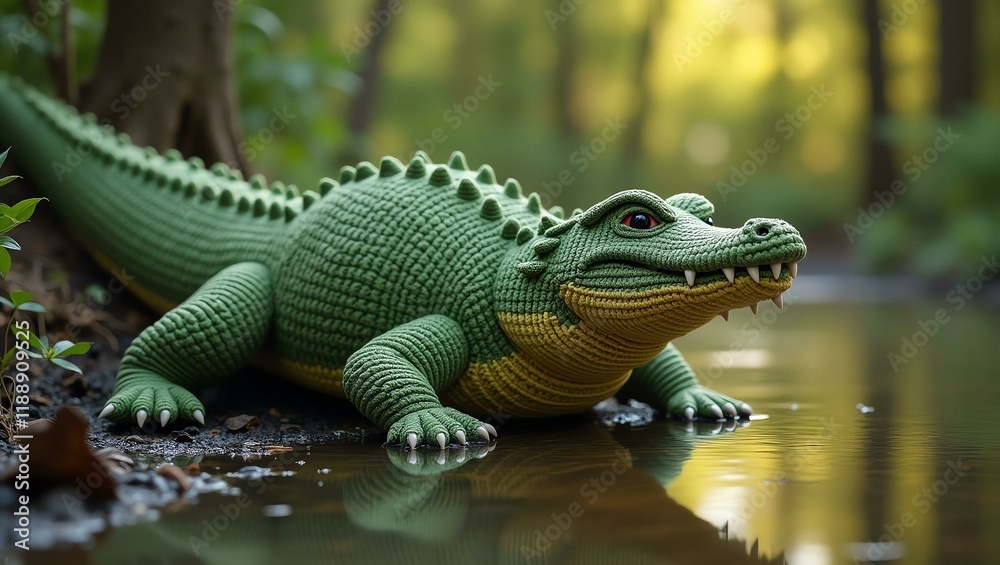 realistic highly detailed crochet of a crocodile with a nature background realistic highly detailed crochet of a crocodile with a nature background