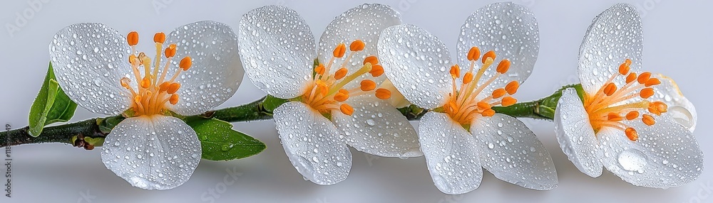 Fresh white flowers with orange stamens and droplets on a light background Fresh white flowers with orange stamens and droplets on a light background