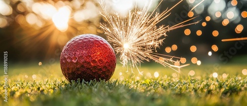 A festive golf ball with sparkler on grass, creating joyful atmosphere