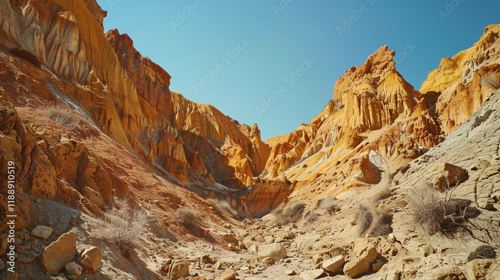 Obraz premium A rugged desert canyon at midday, with dramatic shadows cast across its deep orange and red rock formations under a clear blue sky.