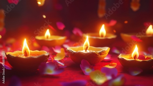 Glowing diyas with falling petals on red background. photo