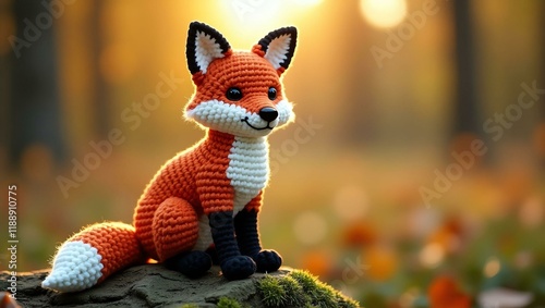 realistic highly detailed crochet of a fox with a nature background