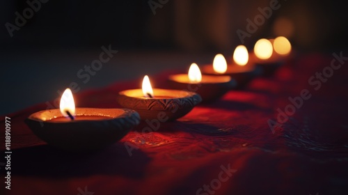 Row of lit clay diyas on red fabric in low light. photo