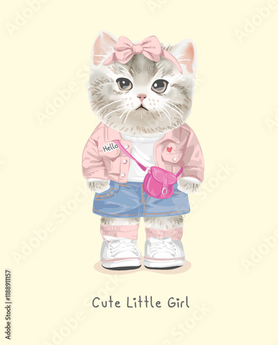 cute little girl slogan with cute kitten in fashion style vector illustration