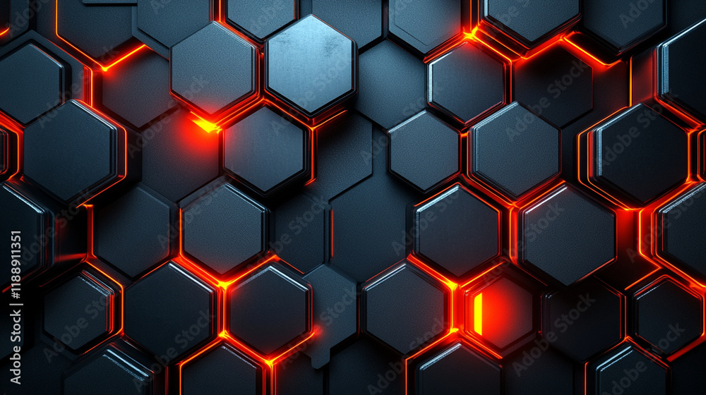 Hexagonal metallic design with glowing red accents creates futuristic and dynamic pattern Hexagonal metallic design with glowing red accents creates futuristic and dynamic pattern