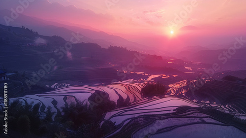 The mystical rice terraces of Yuanyang, China, with their intricate patterns reflecting the warm hues of sunset. photo