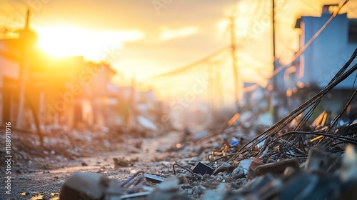 Damaged electrical infrastructure with fallen power lines, illustrating the impact of severe weather or natural disasters on essential services and public safety.