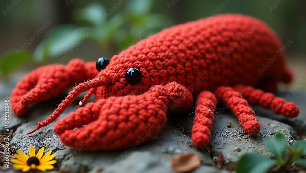 Naklejka premium realistic highly detailed crochet of a lobster with a nature background