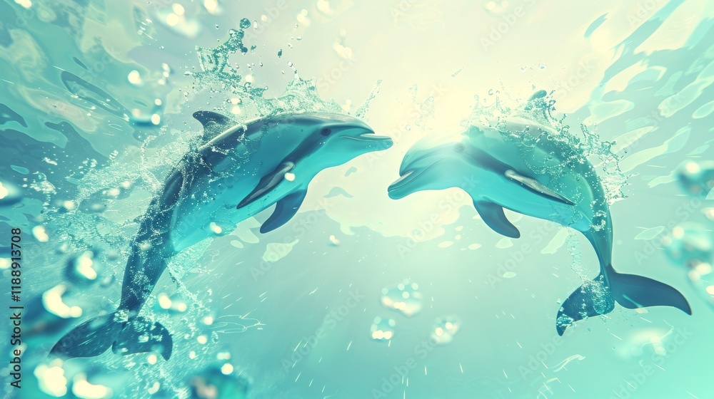 Fototapeta premium Joyful dolphins leaping in unison above a sparkling sea on a bright midday with playful energy
