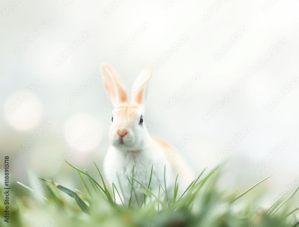 Fototapeta premium Bunny in the Meadow: A fluffy white and brown bunny with long ears peeks from a patch of verdant grass, bathed in a soft glow.