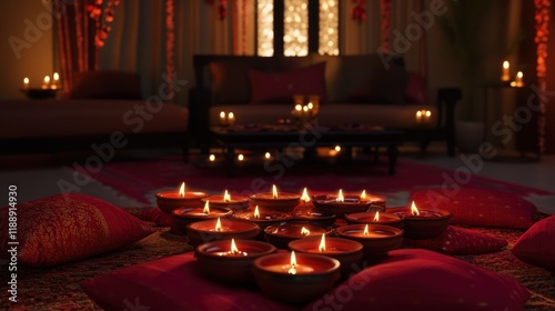 Romantic candlelit room interior with low seating and red accents. photo