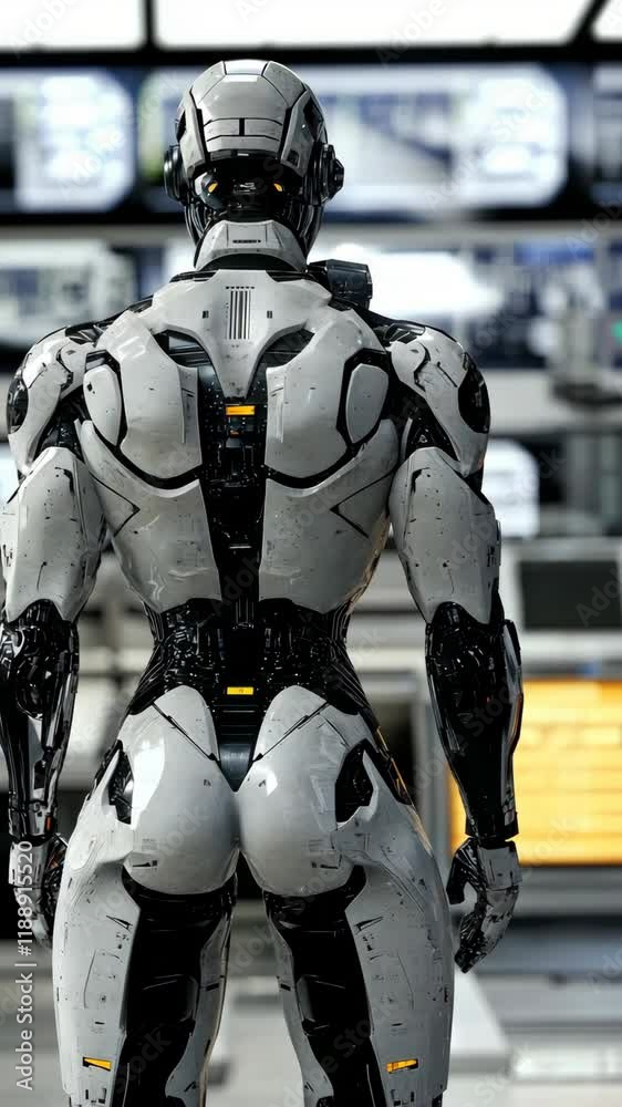 Futuristic humanoid robot stands in a high-tech control room filled with monitors for surveillance operations Futuristic humanoid robot stands in a high-tech control room filled with monitors for surveillance operations